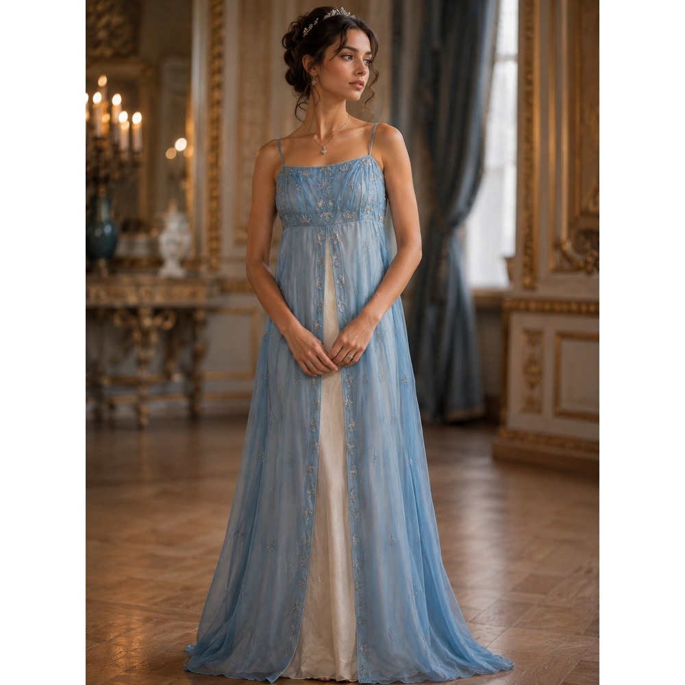VTG Michaelangelo Gown Light Blue Silver Embroidered Mesh Y2K Prom Bridgerton 12